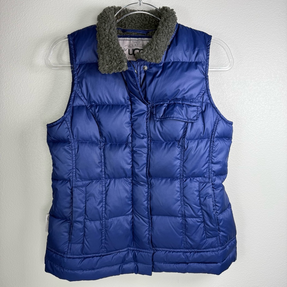 UGG Soniat Blue Puffer Down Filled Vest‎ with Faux Sherpa Collar Size Small